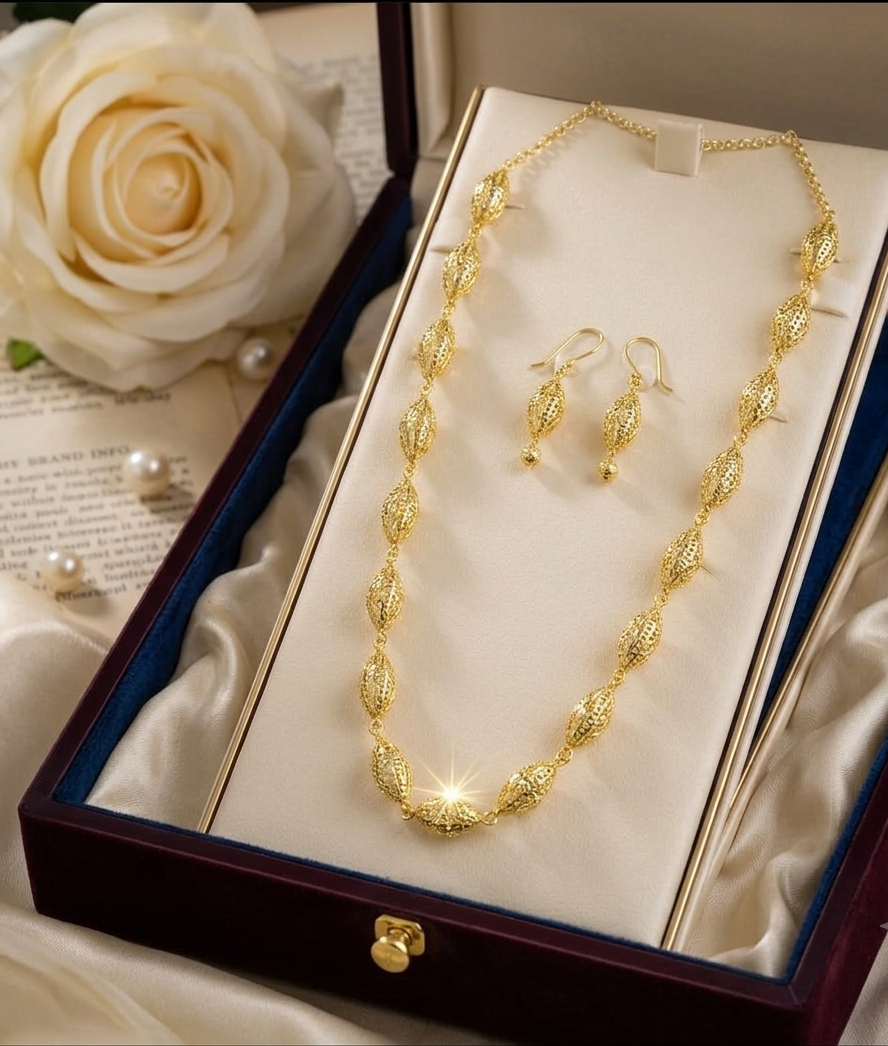 Elara Signature Lattice Bead Chain & Drop Earrings Set